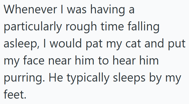Whenever I was having a particularly rough time falling asleep, I would pat my cat and put my face near him to hear him purring. He typically sleeps by my feet.
