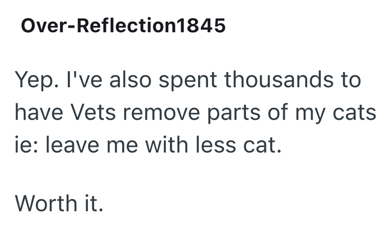 Over-Reflection1845 Yep. I've also spent thousands to have Vets remove parts of my cats. ie: leave me with less cat. Worth it.