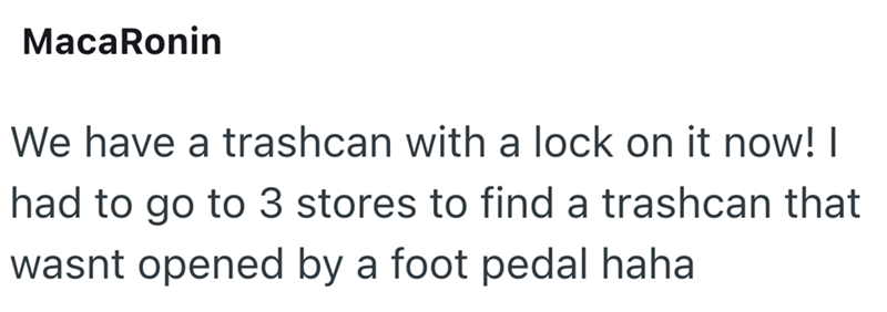 MacaRonin We have a trashcan with a lock on it now! I had to go to 3 stores to find a trashcan that wasnt opened by a foot pedal haha