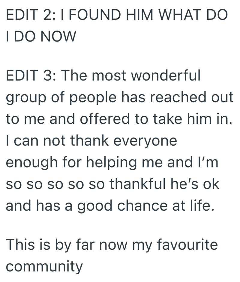 EDIT 2: I FOUND HIM WHAT DO I DO NOW EDIT 3: The most wonderful group of people has reached out to me and offered to take him in. I can not thank everyone enough for helping me and I'm so so so so so thankful he's ok and has a good chance at life. This is by far now my favourite community