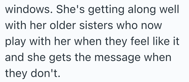 windows. She's getting along well with her older sisters who now play with her when they feel like it and she gets the message when they don't.
