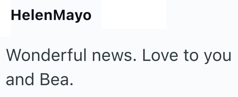 HelenMayo Wonderful news. Love to you and Bea.