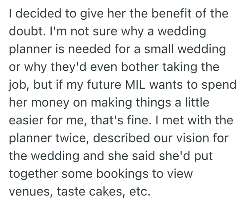 I decided to give her the benefit of the doubt. I'm not sure why a wedding planner is needed for a small wedding or why they'd even bother taking the job, but if my future MIL wants to spend her money on making things a little easier for me, that's fine. I met with the planner twice, described our vision for the wedding and she said she'd put together some bookings to view venues, taste cakes, etc.