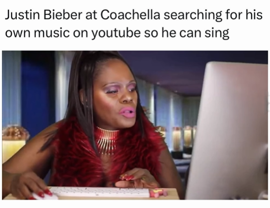 Justin Bieber at Coachella searching for his own music on youtube so he can sing