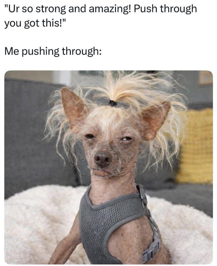 "Ur so strong and amazing! Push through you got this!" Me pushing through: