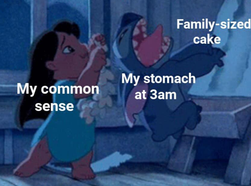 My common sense Family-sized cake My stomach at 3am
