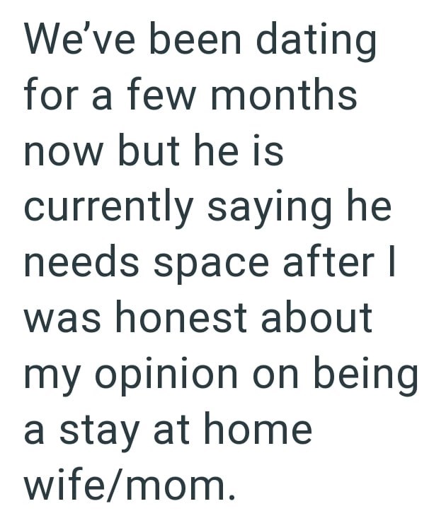 We've been dating for a few months now but he is currently saying he needs space after I was honest about my opinion on being a stay at home wife/mom.