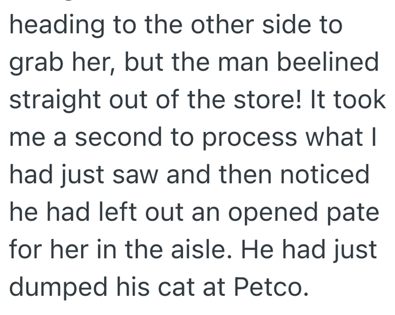heading to the other side to grab her, but the man beelined straight out of the store! It took me a second to process what I had just saw and then noticed he had left out an opened pate for her in the aisle. He had just dumped his cat at Petco.