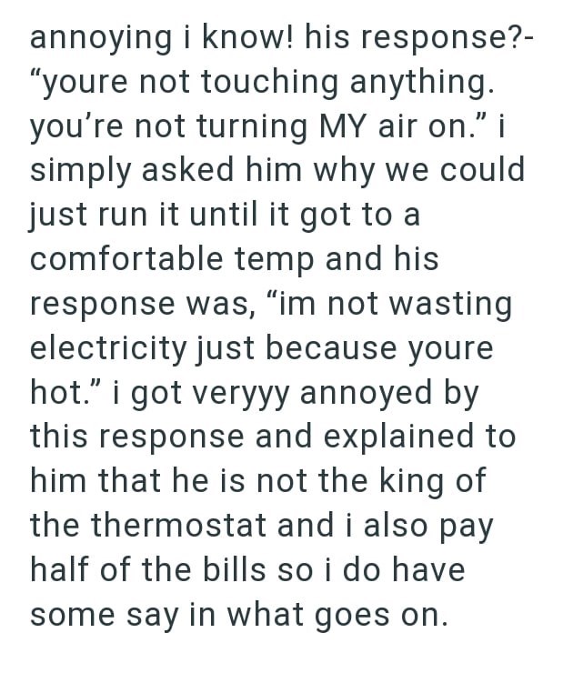 annoying i know! his response?- "youre not touching anything. you're not turning MY air on." i simply asked him why we could just run it until it got to a comfortable temp and his response was, "im not wasting electricity just because youre hot." i got veryyy annoyed by this response and explained to him that he is not the king of the thermostat and i also pay half of the bills so i do have some say in what goes on.