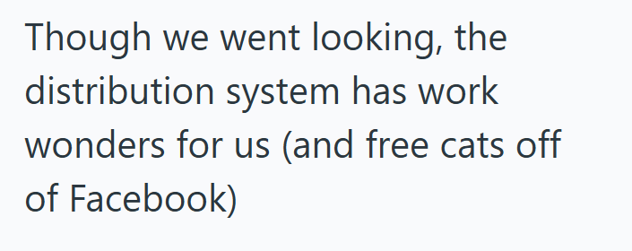 Though we went looking, the distribution system has work wonders for us (and free cats off of Facebook)