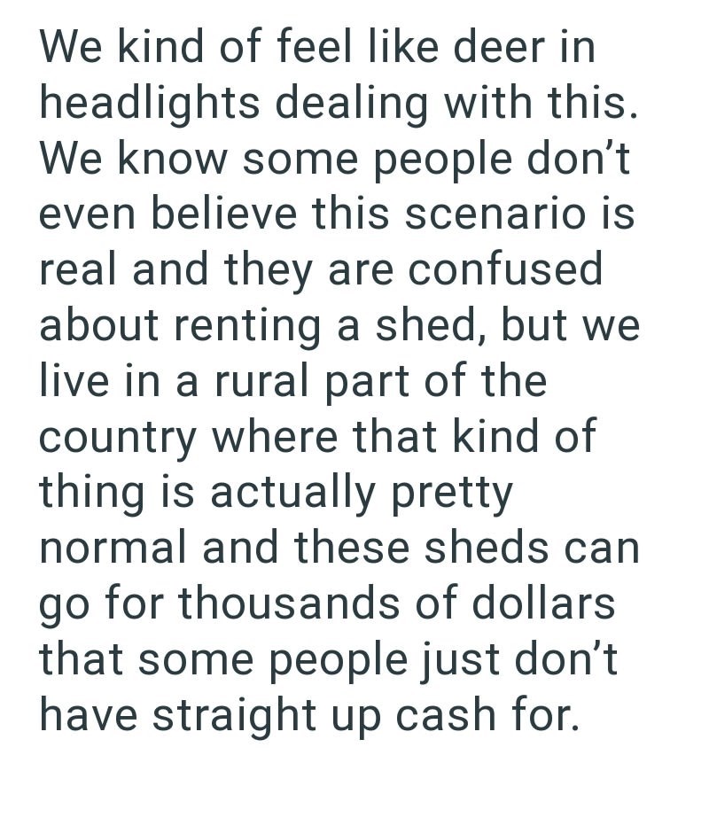 We kind of feel like deer in headlights dealing with this. We know some people don't even believe this scenario is real and they are confused about renting a shed, but we live in a rural part of the country where that kind of thing is actually pretty normal and these sheds can go for thousands of dollars that some people just don't have straight up cash for.