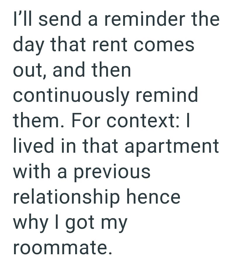 I'll send a reminder the day that rent comes out, and then continuously remind them. For context: I lived in that apartment with a previous relationship hence why I got my roommate.