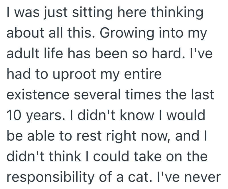 I was just sitting here thinking about all this. Growing into my adult life has been so hard. I've had to uproot my entire existence several times the last 10 years. I didn't know I would be able to rest right now, and I didn't think I could take on the responsibility of a cat. I've never
