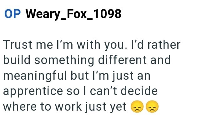 OP Weary_Fox_1098 Trust me I'm with you. I'd rather build something different and meaningful but I'm just an apprentice so I can't decide where to work just yet