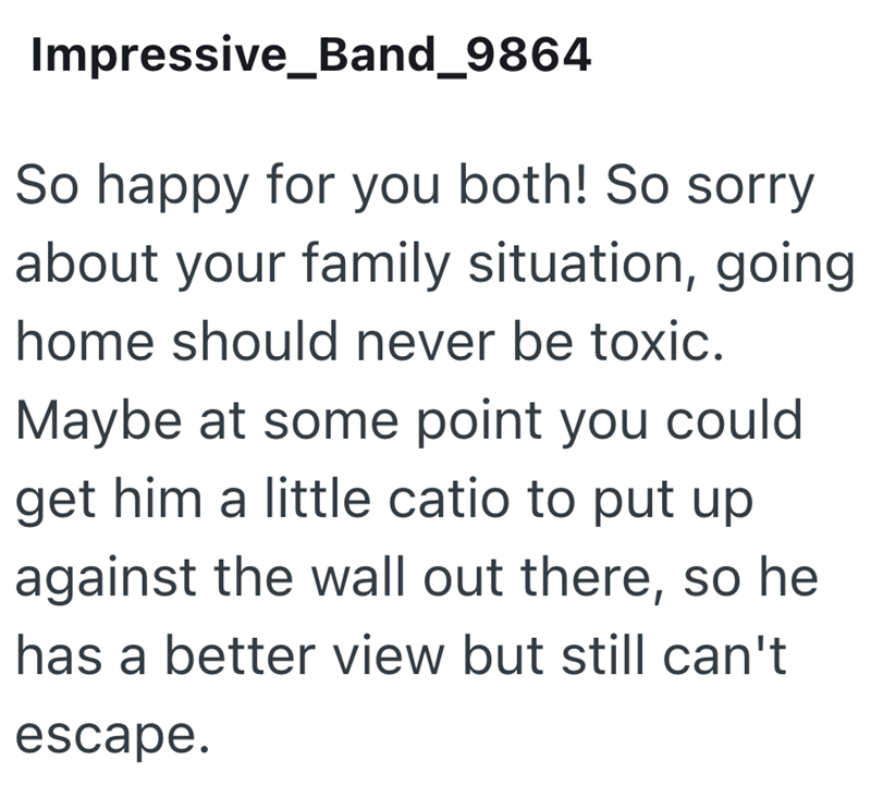 Impressive_Band_9864 So happy for you both! So sorry about your family situation, going home should never be toxic. Maybe at some point you could get him a little catio to put up against the wall out there, so he has a better view but still can't escape.