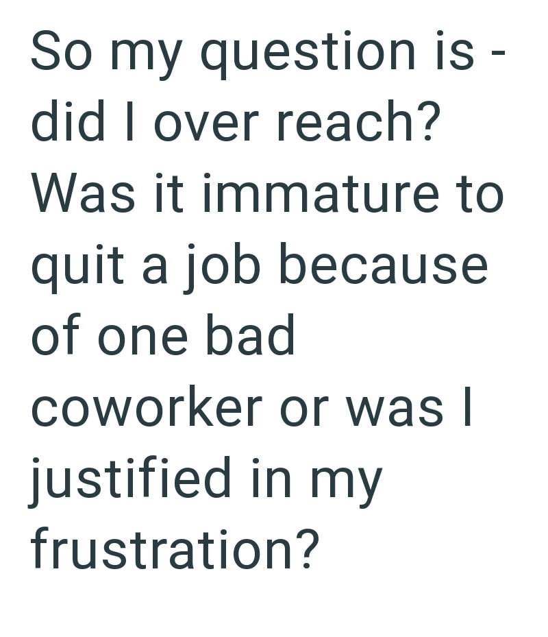 So my question is - did I over reach? Was it immature to quit a job because of one bad coworker or was I justified in my frustration?