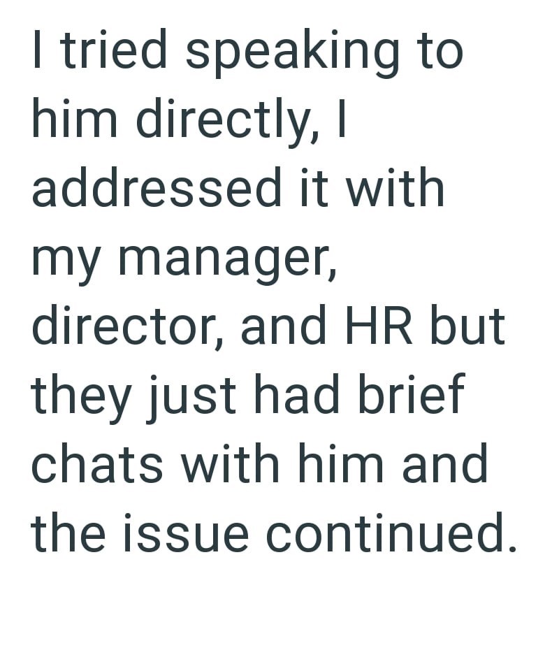 I tried speaking to him directly, I addressed it with my manager, director, and HR but they just had brief chats with him and the issue continued.