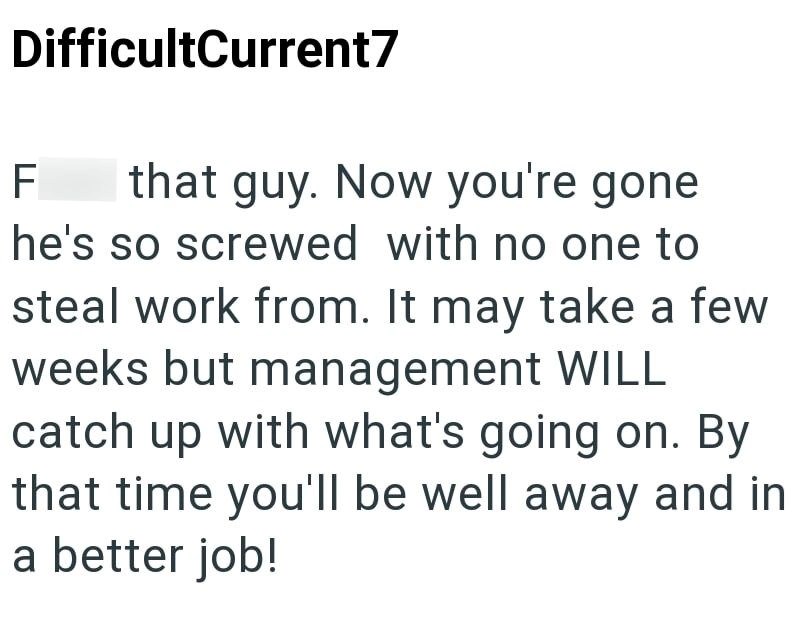 DifficultCurrent7 F that guy. Now you're gone he's so screwed with no one to steal work from. It may take a few weeks but management WILL catch up with what's going on. By that time you'll be well away and in a better job!