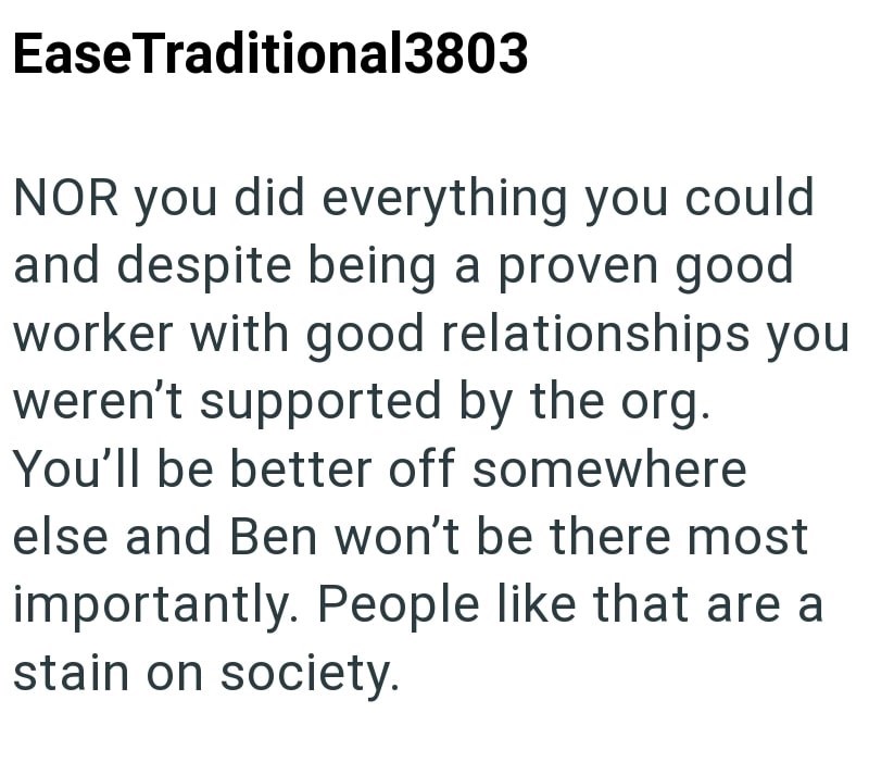 Ease Traditional3803 NOR you did everything you could and despite being a proven good worker with good relationships you weren't supported by the org. You'll be better off somewhere else and Ben won't be there most importantly. People like that are a stain on society.