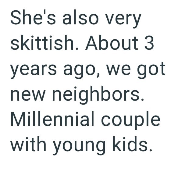 She's also very skittish. About 3 years ago, we got new neighbors. Millennial couple with young kids.