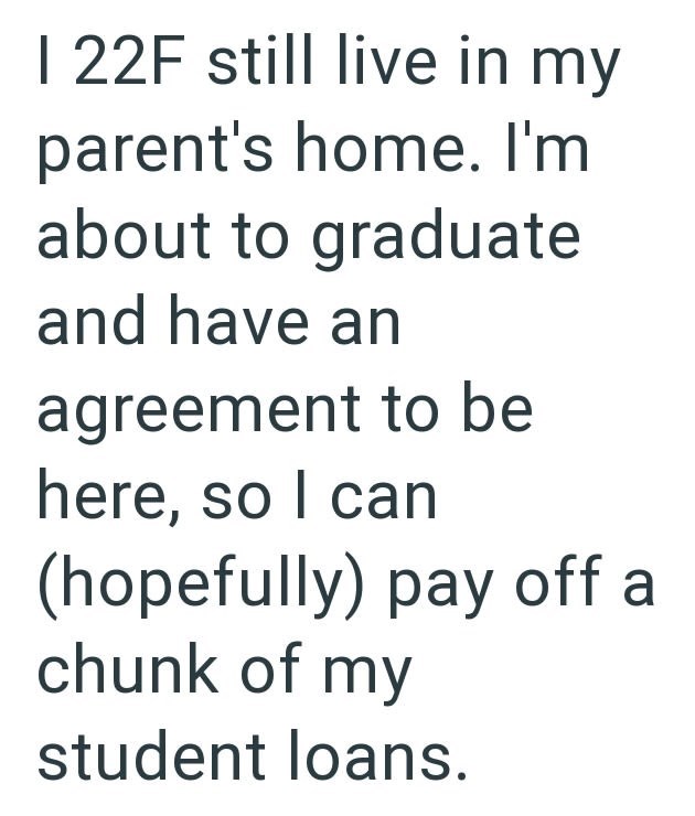 122F still live in my parent's home. I'm about to graduate and have an agreement to be here, so I can (hopefully) pay off a chunk of my student loans.