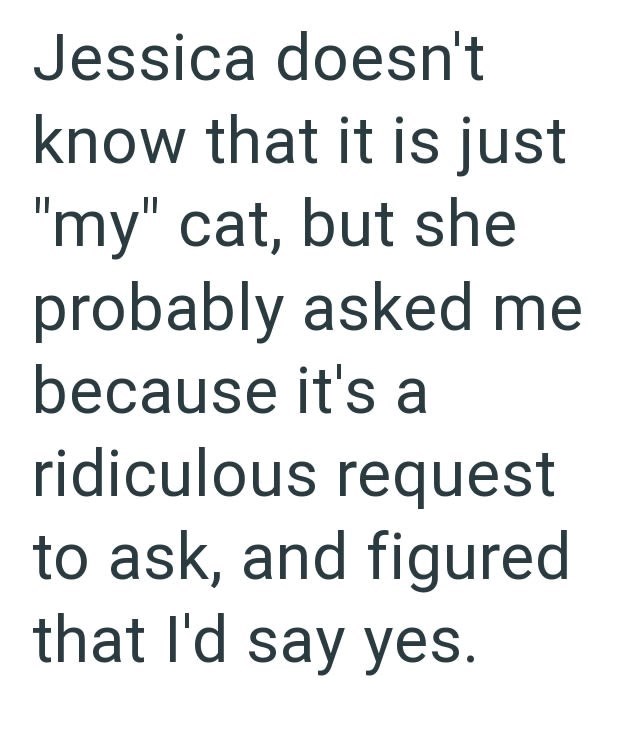 Jessica doesn't know that it is just "my" cat, but she probably asked me because it's a ridiculous request to ask, and figured that I'd say yes.