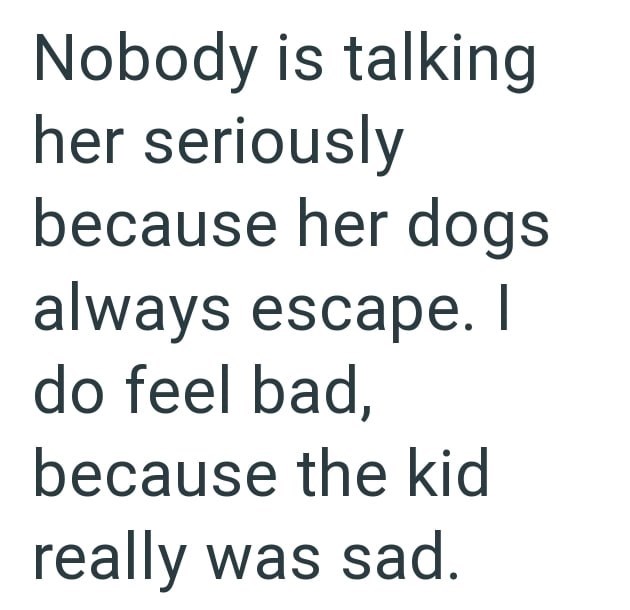 Nobody is talking her seriously because her dogs always escape. I do feel bad, because the kid really was sad.