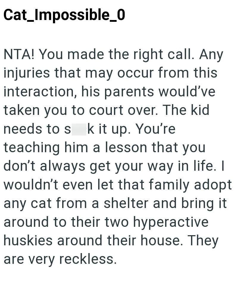 Cat_Impossible_0 NTA! You made the right call. Any injuries that may occur from this interaction, his parents would've taken you to court over. The kid needs to s k it up. You're teaching him a lesson that you don't always get your way in life. I wouldn't even let that family adopt any cat from a shelter and bring it around to their two hyperactive huskies around their house. They are very reckless.