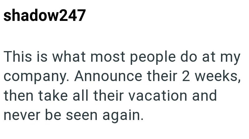 shadow247 This is what most people do at my company. Announce their 2 weeks, then take all their vacation and never be seen again.