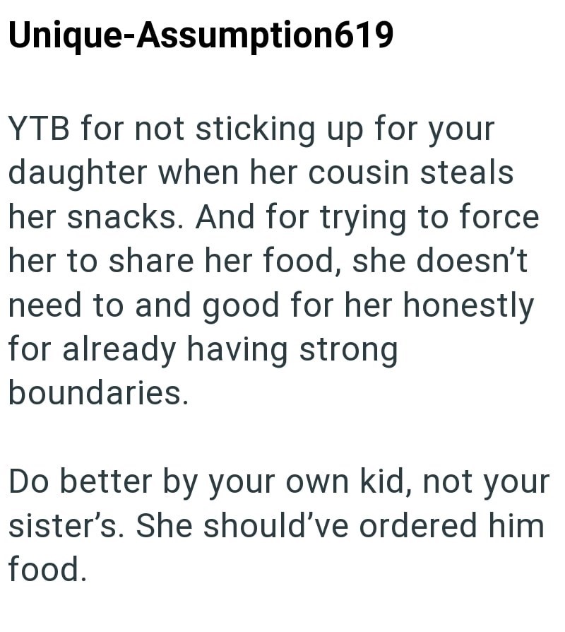 Unique-Assumption619 YTB for not sticking up for your daughter when her cousin steals her snacks. And for trying to force her to share her food, she doesn't need to and good for her honestly for already having strong boundaries. Do better by your own kid, not your sister's. She should've ordered him food.