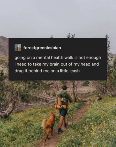 forestgreenlesbian going on a mental health walk is not enough i need to take my brain out of my head and drag it behind me on a little leash