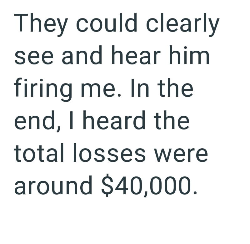 They could clearly see and hear him firing me. In the end, I heard the total losses were around $40,000.