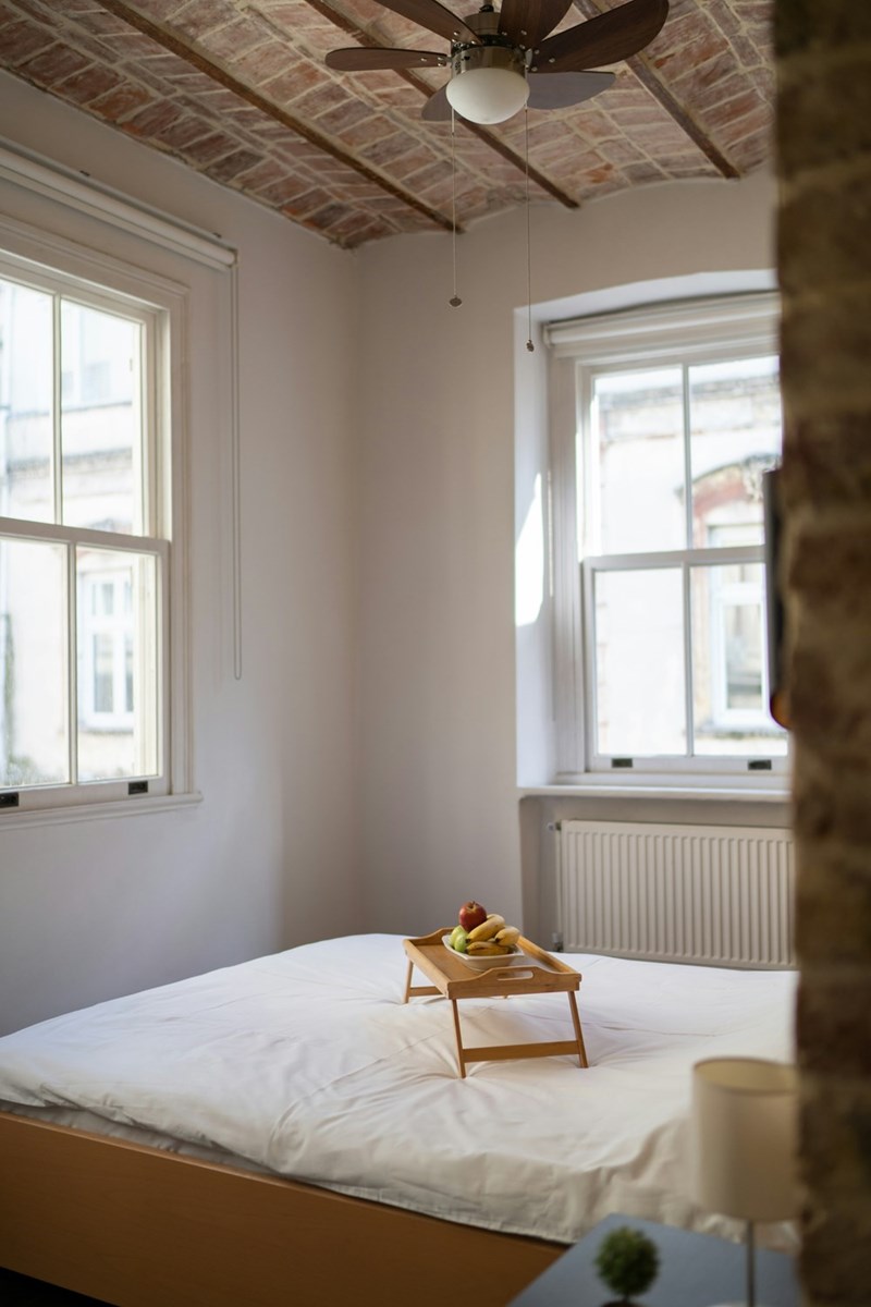 Cozy bed and breakfast, breakfast in bed, bright sunny day, vacation home