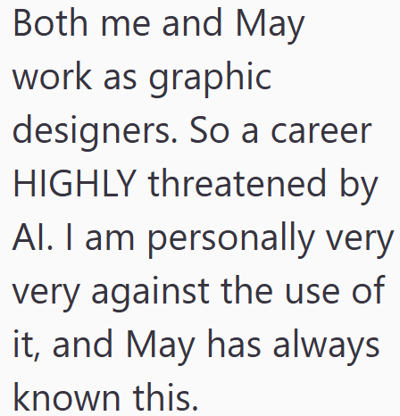 Both me and May work as graphic designers. So a career HIGHLY threatened by Al. I am personally very very against the use of it, and May has always known this.