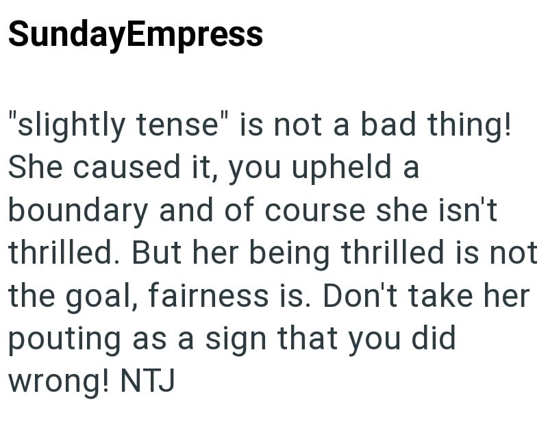 SundayEmpress "slightly tense" is not a bad thing! She caused it, you upheld a boundary and of course she isn't thrilled. But her being thrilled is not the goal, fairness is. Don't take her pouting as a sign that you did wrong! NTJ