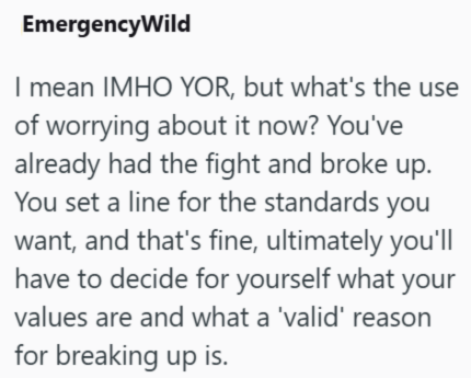 EmergencyWild I mean IMHO YOR, but what's the use of worrying about it now? You've already had the fight and broke up. You set a line for the standards you want, and that's fine, ultimately you'll have to decide for yourself what your values are and what a 'valid' reason for breaking up is.