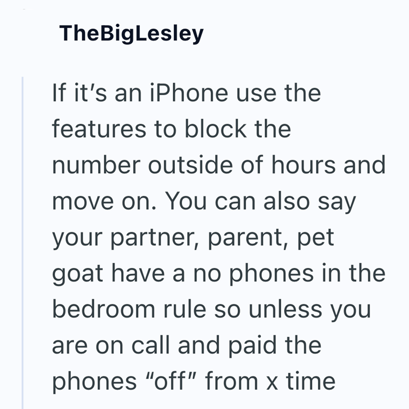 TheBigLesley If it's an iPhone use the features to block the number outside of hours and move on. You can also say your partner, parent, pet goat have a no phones in the bedroom rule so unless you are on call and paid the phones "off" from x time