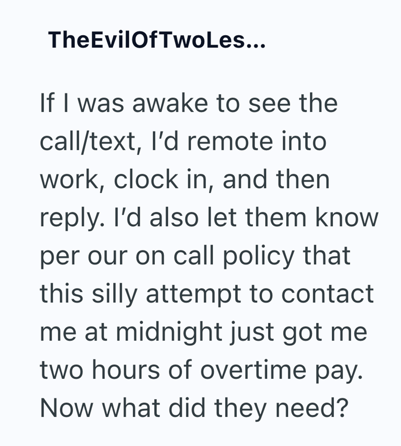 TheEvil Of TwoLes... If I was awake to see the call/text, I'd remote into work, clock in, and then reply. I'd also let them know per our on call policy that this silly attempt to contact me at midnight just got me two hours of overtime pay. Now what did they need?