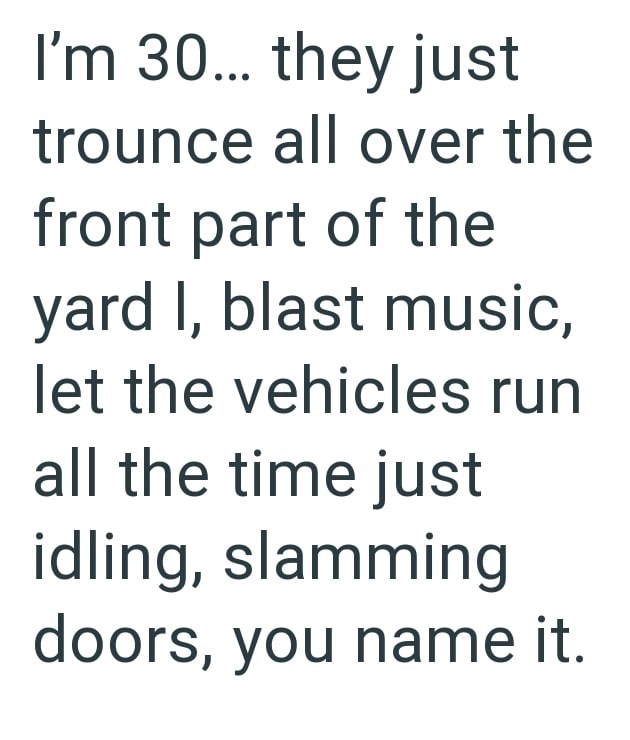 I'm 30... they just trounce all over the front part of the yard I, blast music, let the vehicles run all the time just idling, slamming doors, you name it.