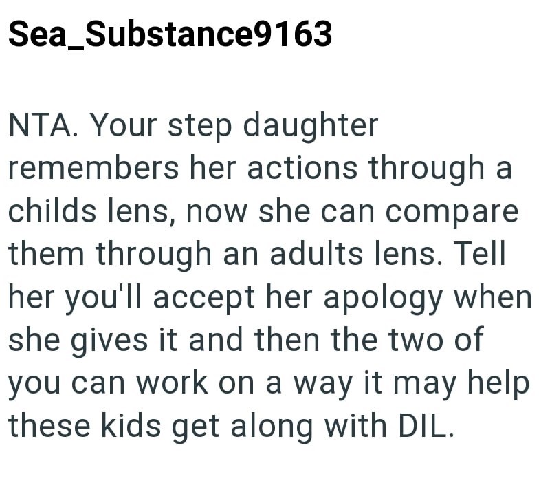 Sea_Substance9163 NTA. Your step daughter remembers her actions through a childs lens, now she can compare them through an adults lens. Tell her you'll accept her apology when she gives it and then the two of you can work on a way it may help these kids get along with DIL.