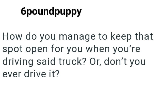 6poundpuppy How do you manage to keep that spot open for you when you're driving said truck? Or, don't you ever drive it?