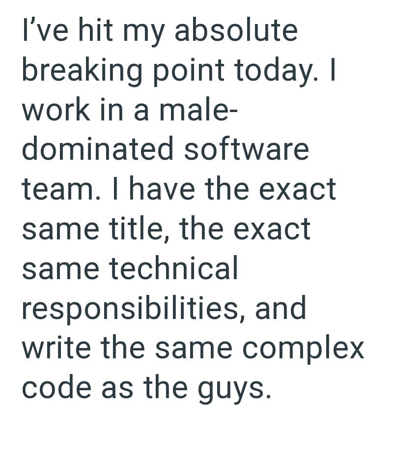 I've hit my absolute breaking point today. I work in a male- dominated software team. I have the exact same title, the exact same technical responsibilities, and write the same complex code as the guys.