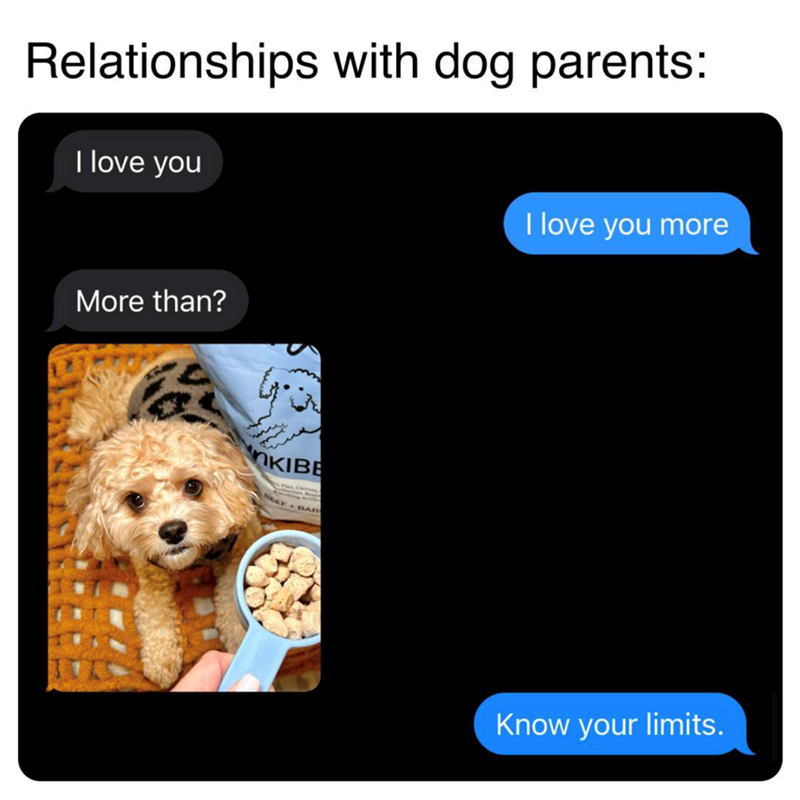 Relationships with dog parents: I love you More than? I love you more KIBE EEF BAR Know your limits.