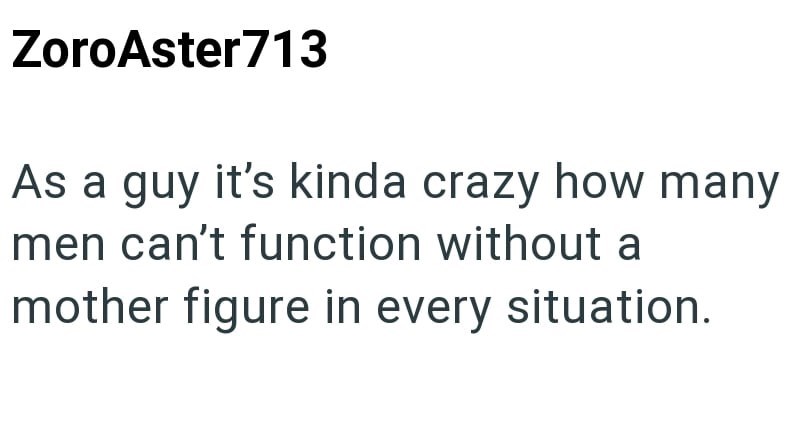 ZoroAster 713 As a guy it's kinda crazy how many men can't function without a mother figure in every situation.