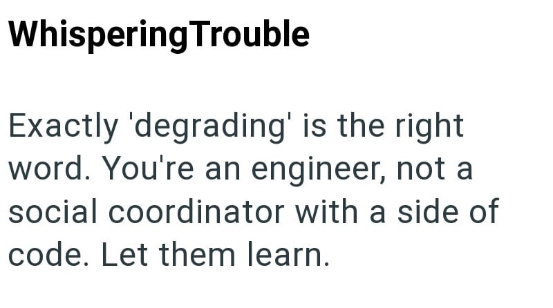 Whispering Trouble Exactly 'degrading' is the right word. You're an engineer, not a social coordinator with a side of code. Let them learn.