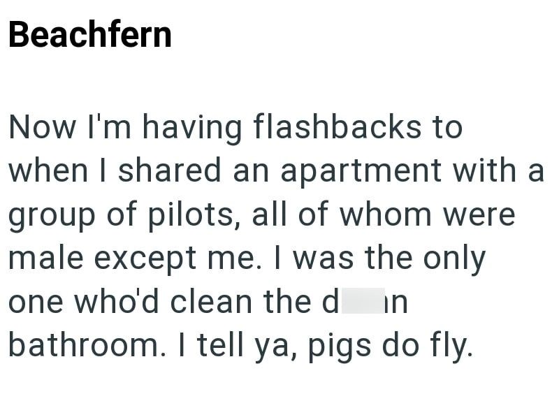 Beachfern Now I'm having flashbacks to when I shared an apartment with a group of pilots, all of whom were male except me. I was the only one who'd clean the d in bathroom. I tell ya, pigs do fly.