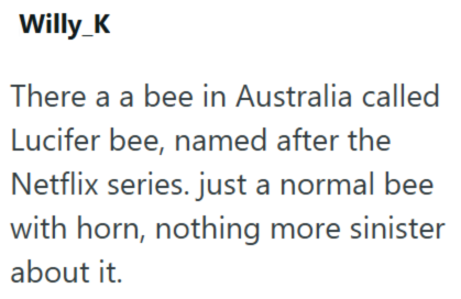 Willy_K There a a bee in Australia called Lucifer bee, named after the Netflix series. just a normal bee with horn, nothing more sinister about it.