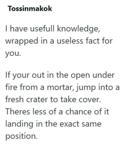 Tossinmakok I have usefull knowledge, wrapped in a useless fact for you. If your out in the open under fire from a mortar, jump into a fresh crater to take cover. Theres less of a chance of it landing in the exact same position.