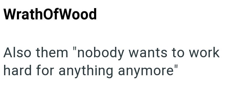 WrathOfWood Also them "nobody wants to work hard for anything anymore"