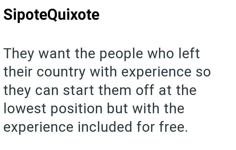 SipoteQuixote They want the people who left their country with experience so they can start them off at the lowest position but with the experience included for free.